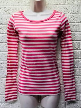 VTG‼ Y2K ABERCROMBIE & FITCH Sz S Pink & Ivory Striped Long Sleeve Ringer • EX‼